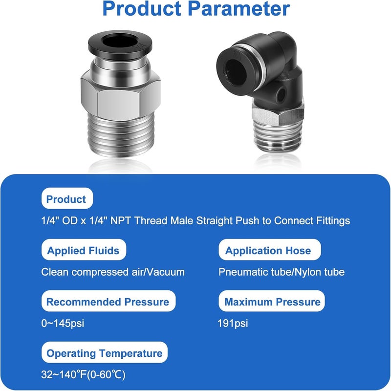 cnaodun 12 Pcs Push to Connect Fittings 1/4 Inch Tube OD x 1/4 Inch NPT Thread Pneumatic Male Straight and Elbow Quick Connect Air line fittings - Image 2